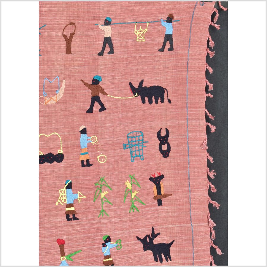 Warm pink cotton story quilt Naga tribal textile ethnic embroidered boho fabric Burma hill tribe tapestry Thailand India Hmong II156