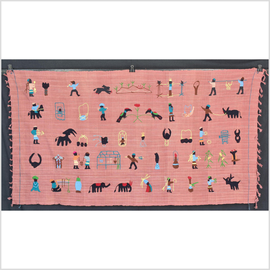 Warm pink cotton story quilt Naga tribal textile ethnic embroidered boho fabric Burma hill tribe tapestry Thailand India Hmong II156
