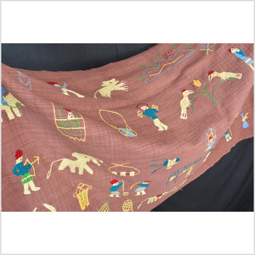 Dark blush pink cotton story quilt Naga tribal textile ethnic embroidered boho fabric Burma hill tribe tapestry Thailand India Hmong II157