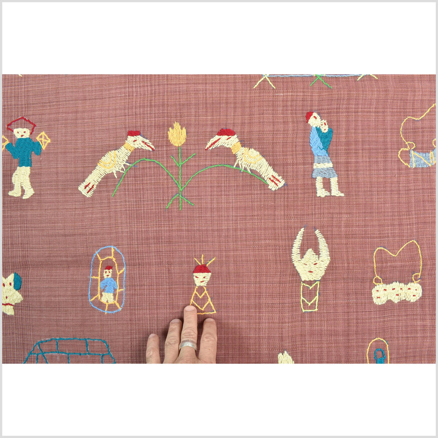 Dark blush pink cotton story quilt Naga tribal textile ethnic embroidered boho fabric Burma hill tribe tapestry Thailand India Hmong II157