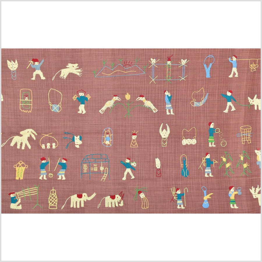 Dark blush pink cotton story quilt Naga tribal textile ethnic embroidered boho fabric Burma hill tribe tapestry Thailand India Hmong II157