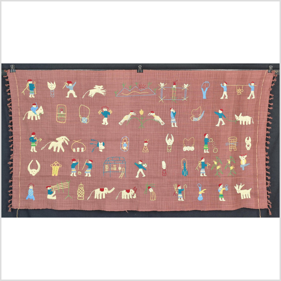 Dark blush pink cotton story quilt Naga tribal textile ethnic embroidered boho fabric Burma hill tribe tapestry Thailand India Hmong II157