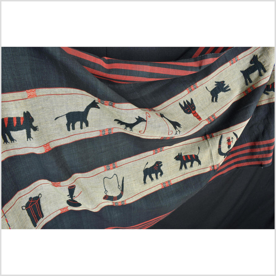 Vintage gray & indigo blue cotton story quilt Naga tribal textile ethnic embroidered boho fabric Burma hill tribe tapestry Thai India II158