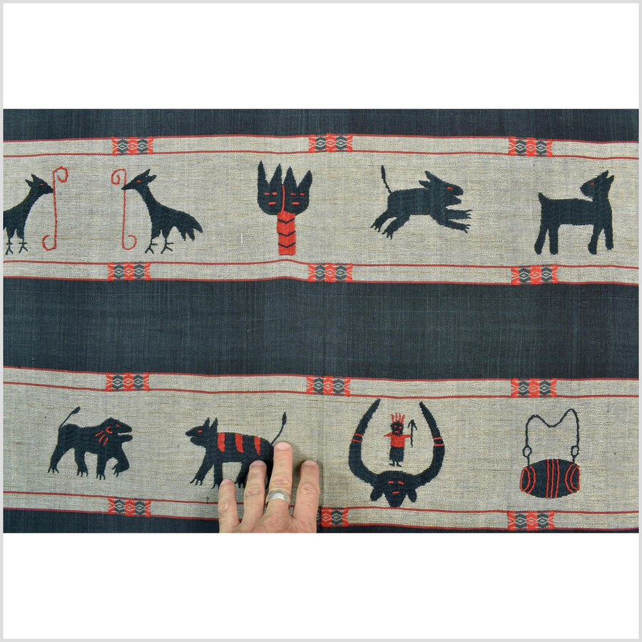 Vintage gray & indigo blue cotton story quilt Naga tribal textile ethnic embroidered boho fabric Burma hill tribe tapestry Thai India II158