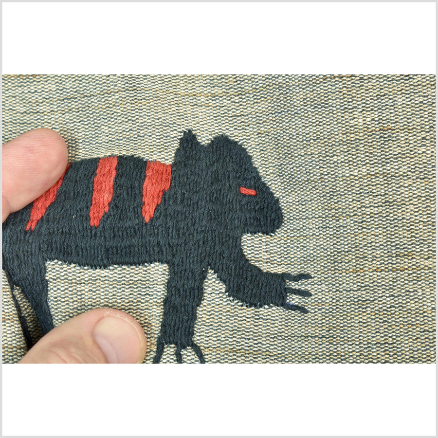 Vintage gray & indigo blue cotton story quilt Naga tribal textile ethnic embroidered boho fabric Burma hill tribe tapestry Thai India II158