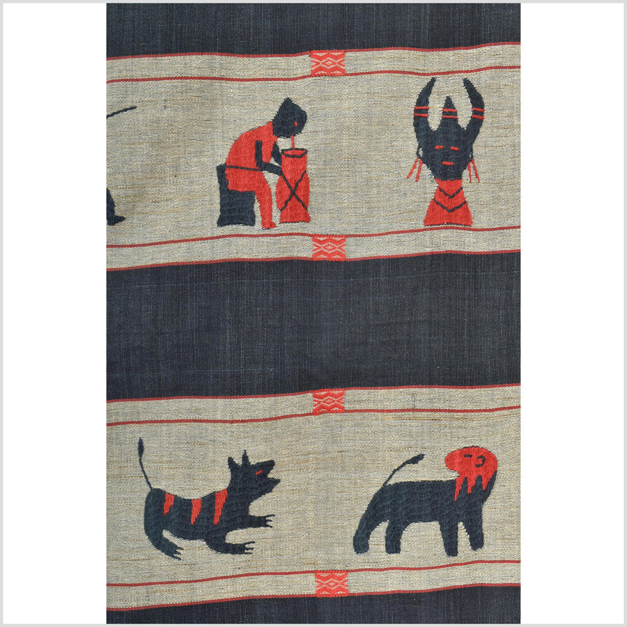 Vintage gray & indigo blue cotton story quilt Naga tribal textile ethnic embroidered boho fabric Burma hill tribe tapestry Thai India II158