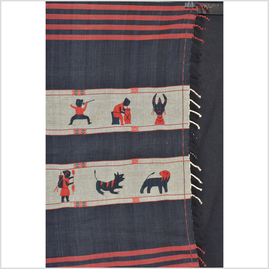 Vintage gray & indigo blue cotton story quilt Naga tribal textile ethnic embroidered boho fabric Burma hill tribe tapestry Thai India II158