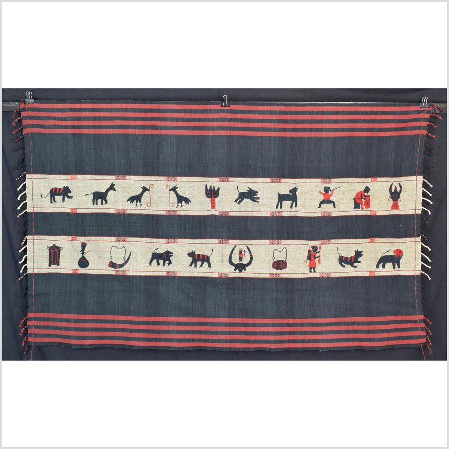 Vintage gray & indigo blue cotton story quilt Naga tribal textile ethnic embroidered boho fabric Burma hill tribe tapestry Thai India II158