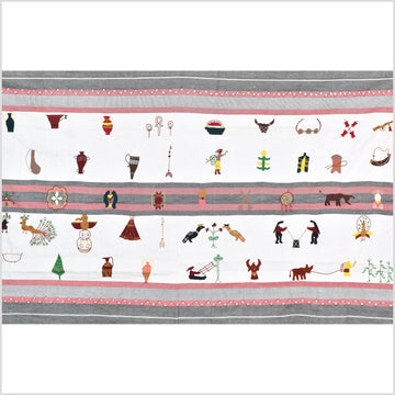 Unusual off-white & stripes cotton story quilt Naga tribal textile ethnic embroidered boho fabric Burma hill tribe tapestry Thai India Hmong II160