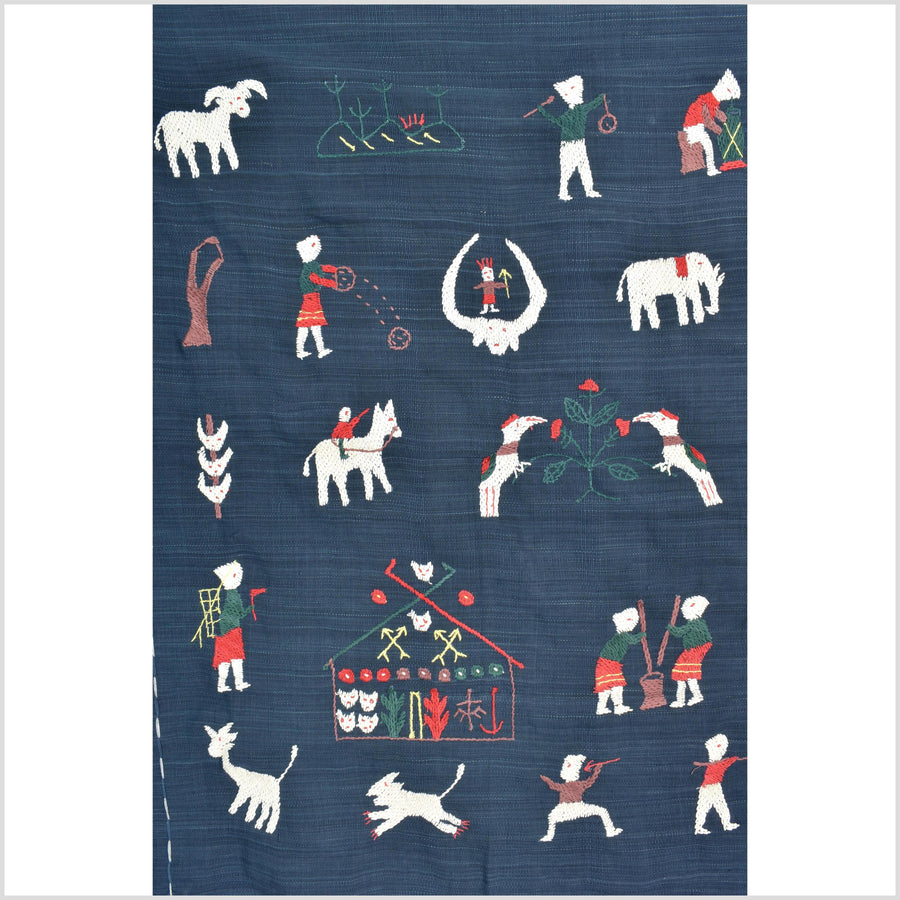 Rich marine blue cotton story quilt Naga tribal textile ethnic embroidered boho fabric Burma hill tribe tapestry Thailand India Hmong II162