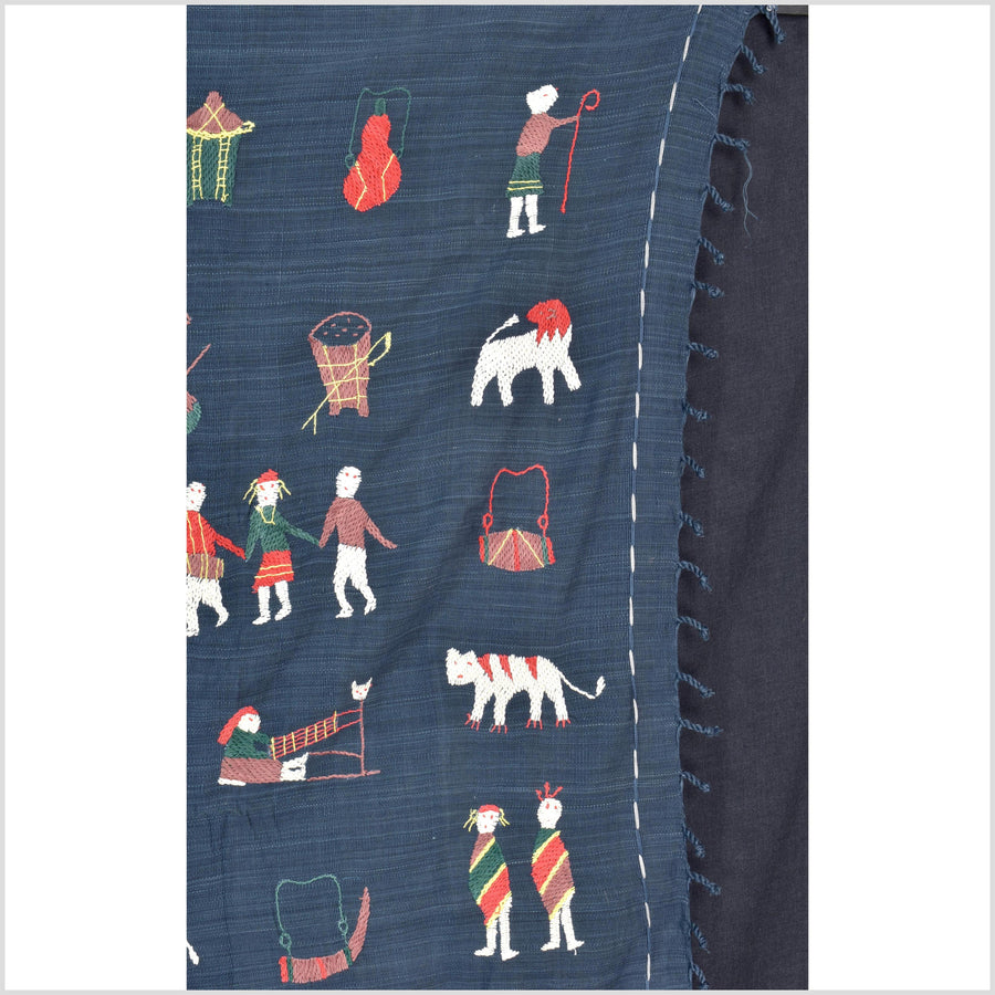 Rich marine blue cotton story quilt Naga tribal textile ethnic embroidered boho fabric Burma hill tribe tapestry Thailand India Hmong II162