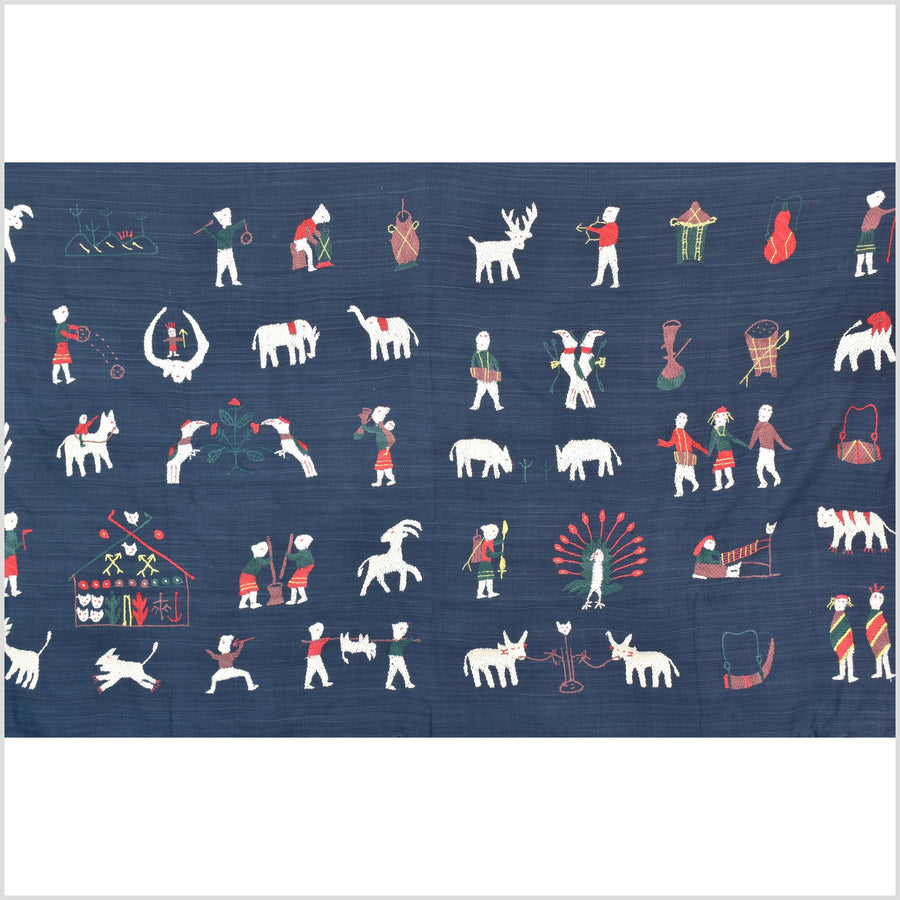 Rich marine blue cotton story quilt Naga tribal textile ethnic embroidered boho fabric Burma hill tribe tapestry Thailand India Hmong II162