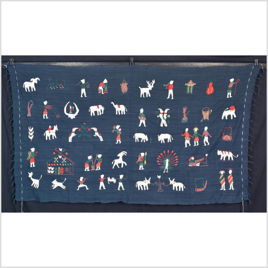 Rich marine blue cotton story quilt Naga tribal textile ethnic embroidered boho fabric Burma hill tribe tapestry Thailand India Hmong II162