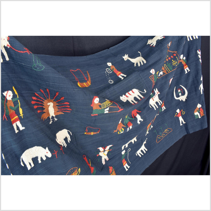 Rich marine blue cotton story quilt Naga tribal textile ethnic embroidered boho fabric Burma hill tribe tapestry Thailand India Hmong II163