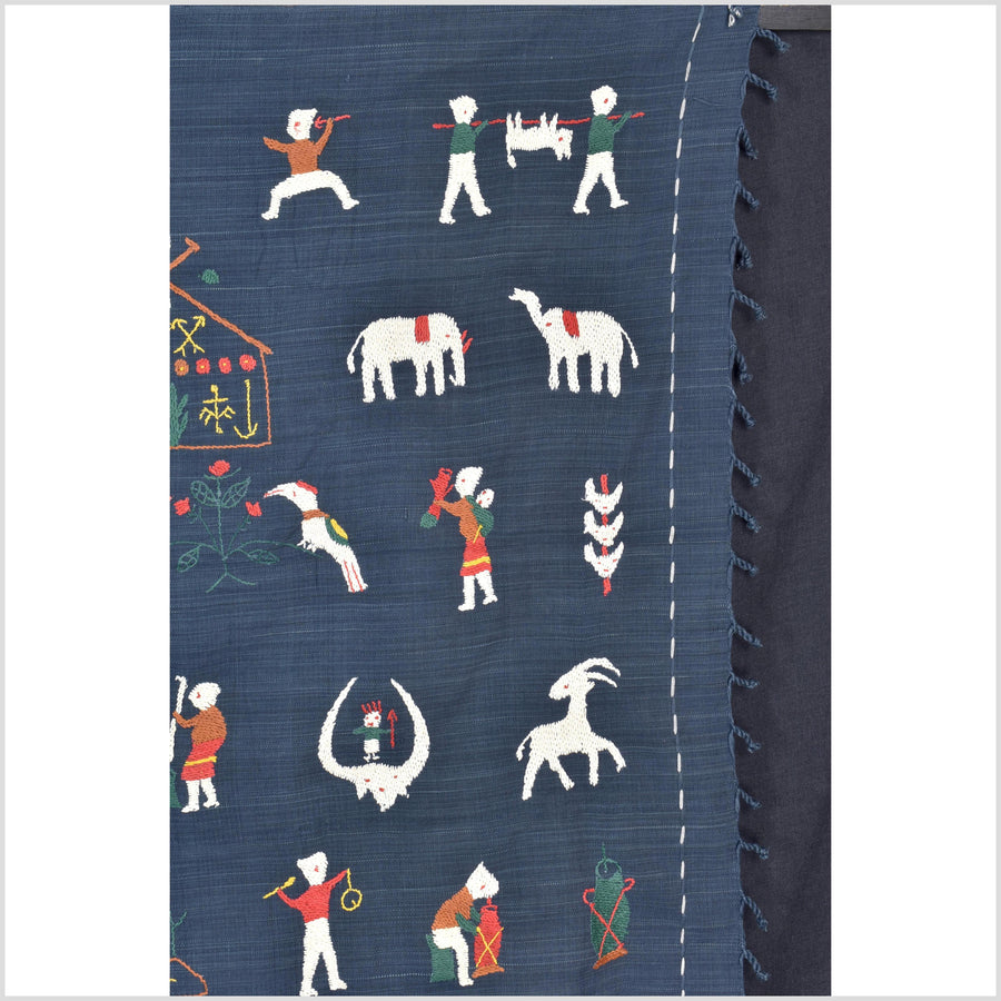 Rich marine blue cotton story quilt Naga tribal textile ethnic embroidered boho fabric Burma hill tribe tapestry Thailand India Hmong II163
