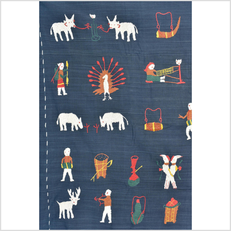 Rich marine blue cotton story quilt Naga tribal textile ethnic embroidered boho fabric Burma hill tribe tapestry Thailand India Hmong II163