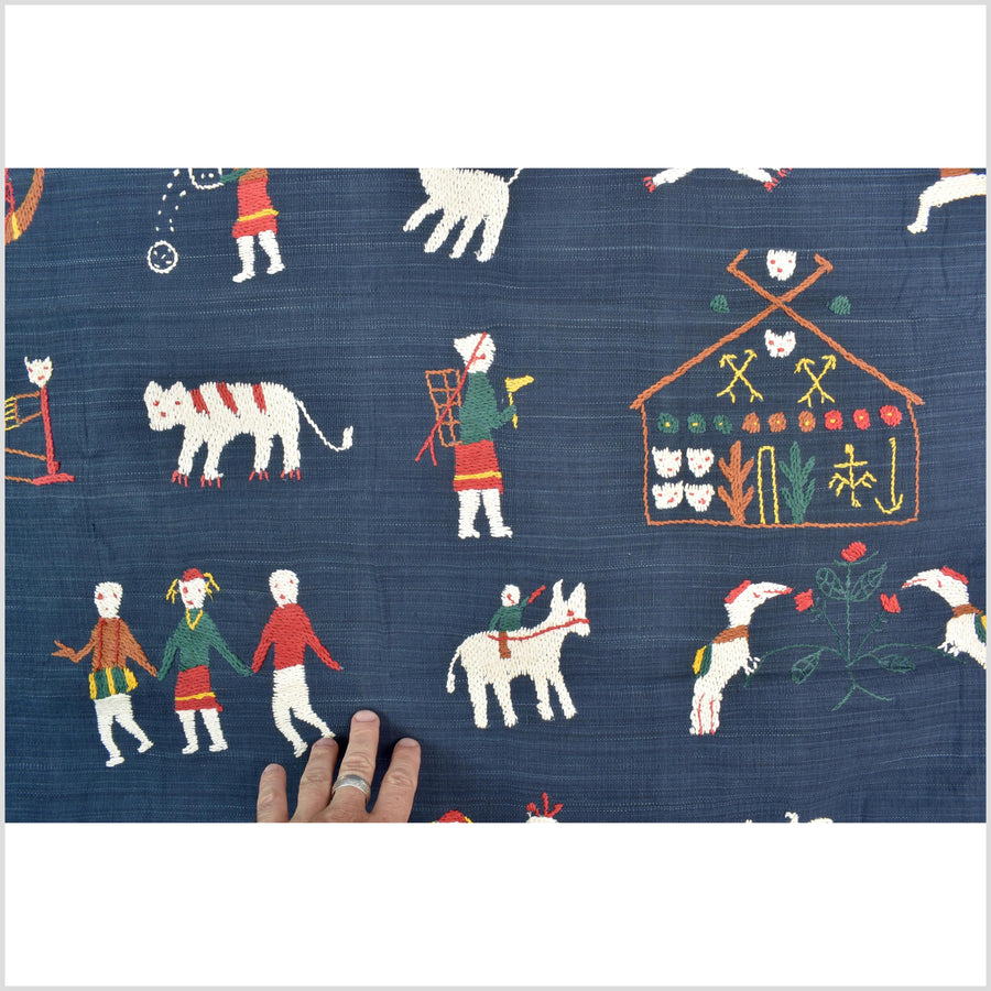 Rich marine blue cotton story quilt Naga tribal textile ethnic embroidered boho fabric Burma hill tribe tapestry Thailand India Hmong II163