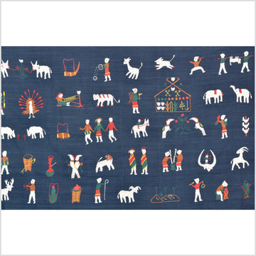 Rich marine blue cotton story quilt Naga tribal textile ethnic embroidered boho fabric Burma hill tribe tapestry Thailand India Hmong II163