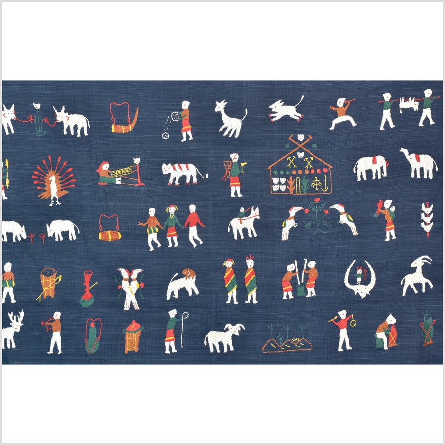 Rich marine blue cotton story quilt Naga tribal textile ethnic embroidered boho fabric Burma hill tribe tapestry Thailand India Hmong II163