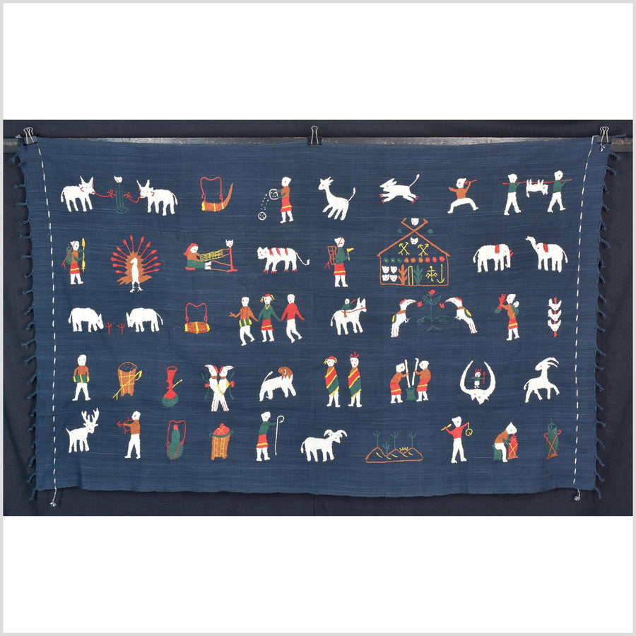 Rich marine blue cotton story quilt Naga tribal textile ethnic embroidered boho fabric Burma hill tribe tapestry Thailand India Hmong II163