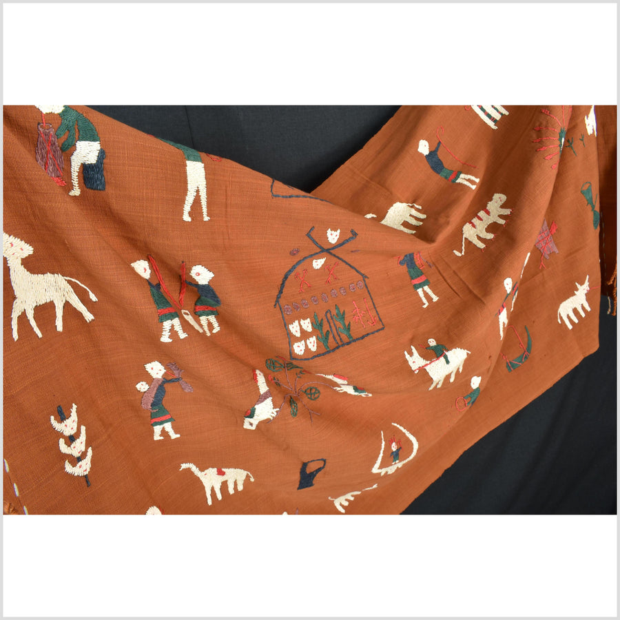 Saffron orange cotton story quilt Naga tribal textile ethnic embroidered boho fabric Burma hill tribe tapestry Thai India Hmong II164