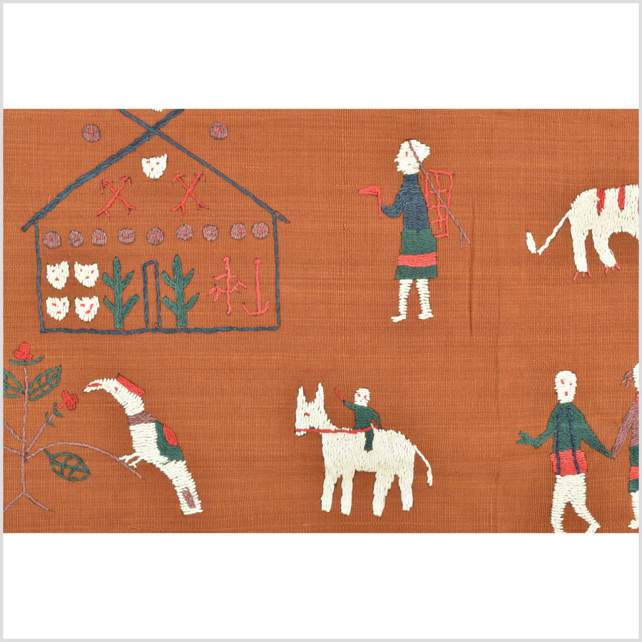 Saffron orange cotton story quilt Naga tribal textile ethnic embroidered boho fabric Burma hill tribe tapestry Thai India Hmong II164
