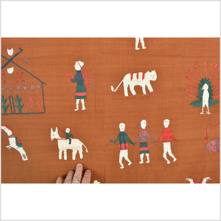 Saffron orange cotton story quilt Naga tribal textile ethnic embroidered boho fabric Burma hill tribe tapestry Thai India Hmong II164