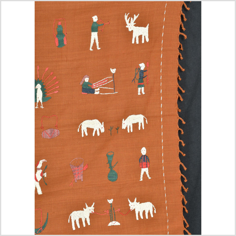 Saffron orange cotton story quilt Naga tribal textile ethnic embroidered boho fabric Burma hill tribe tapestry Thai India Hmong II164