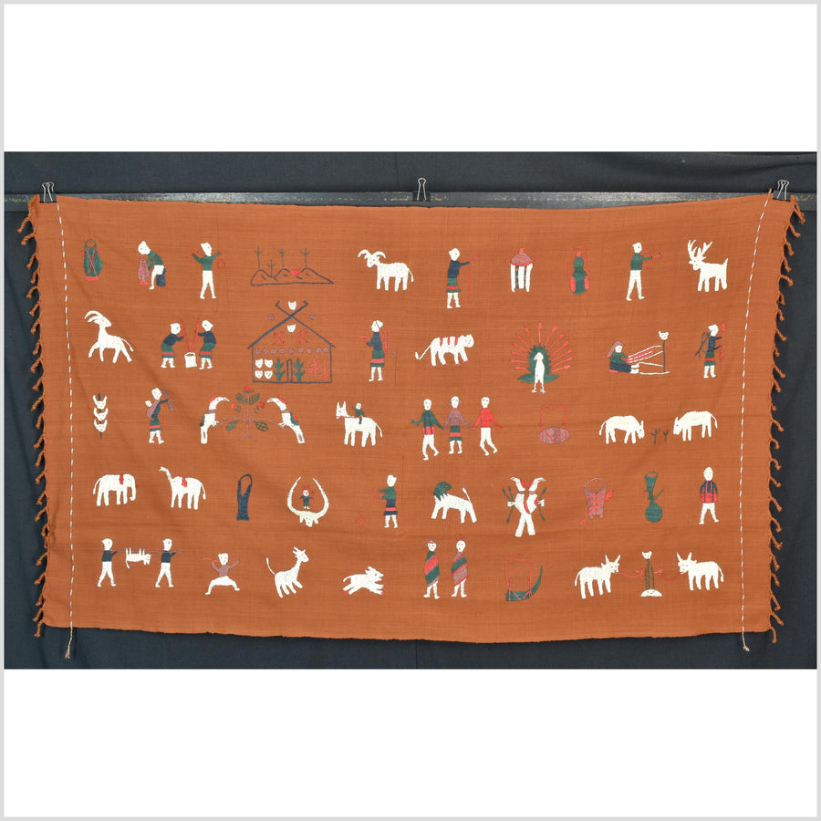 Saffron orange cotton story quilt Naga tribal textile ethnic embroidered boho fabric Burma hill tribe tapestry Thai India Hmong II164