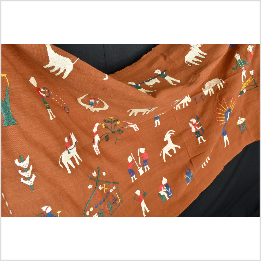 Saffron orange cotton story quilt Naga tribal textile ethnic embroidered boho fabric Burma hill tribe tapestry Thai India Hmong II165