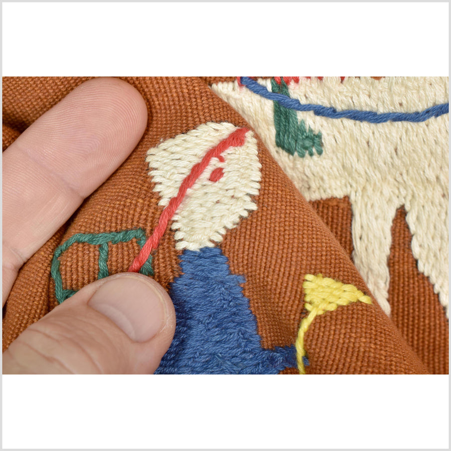 Saffron orange cotton story quilt Naga tribal textile ethnic embroidered boho fabric Burma hill tribe tapestry Thai India Hmong II165