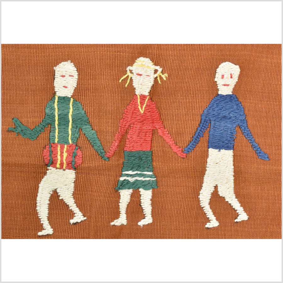 Saffron orange cotton story quilt Naga tribal textile ethnic embroidered boho fabric Burma hill tribe tapestry Thai India Hmong II165