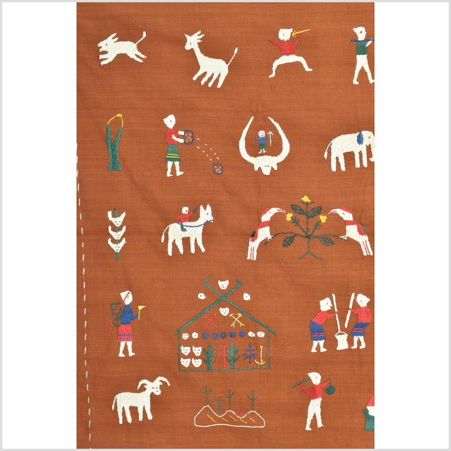 Saffron orange cotton story quilt Naga tribal textile ethnic embroidered boho fabric Burma hill tribe tapestry Thai India Hmong II165