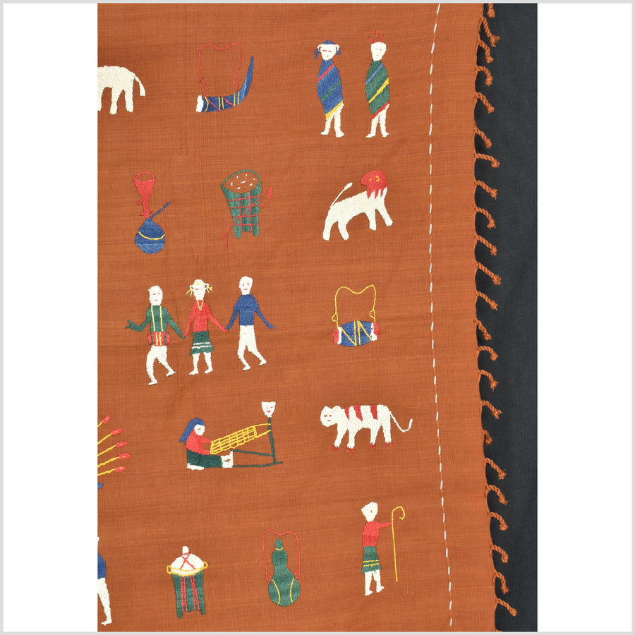 Saffron orange cotton story quilt Naga tribal textile ethnic embroidered boho fabric Burma hill tribe tapestry Thai India Hmong II165