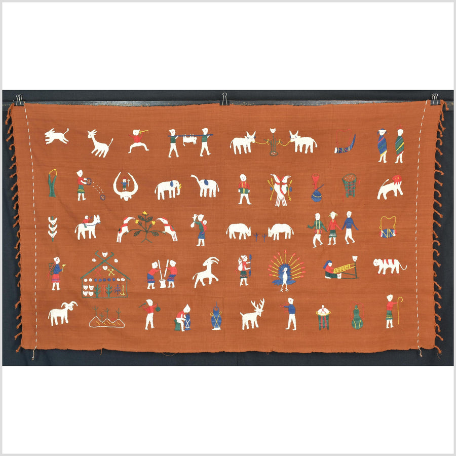 Saffron orange cotton story quilt Naga tribal textile ethnic embroidered boho fabric Burma hill tribe tapestry Thai India Hmong II165