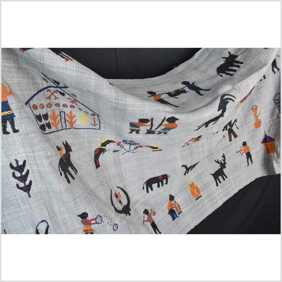 Warm gray cotton story quilt Naga tribal textile ethnic embroidered boho fabric Burma hill tribe tapestry Thai India Hmong II166
