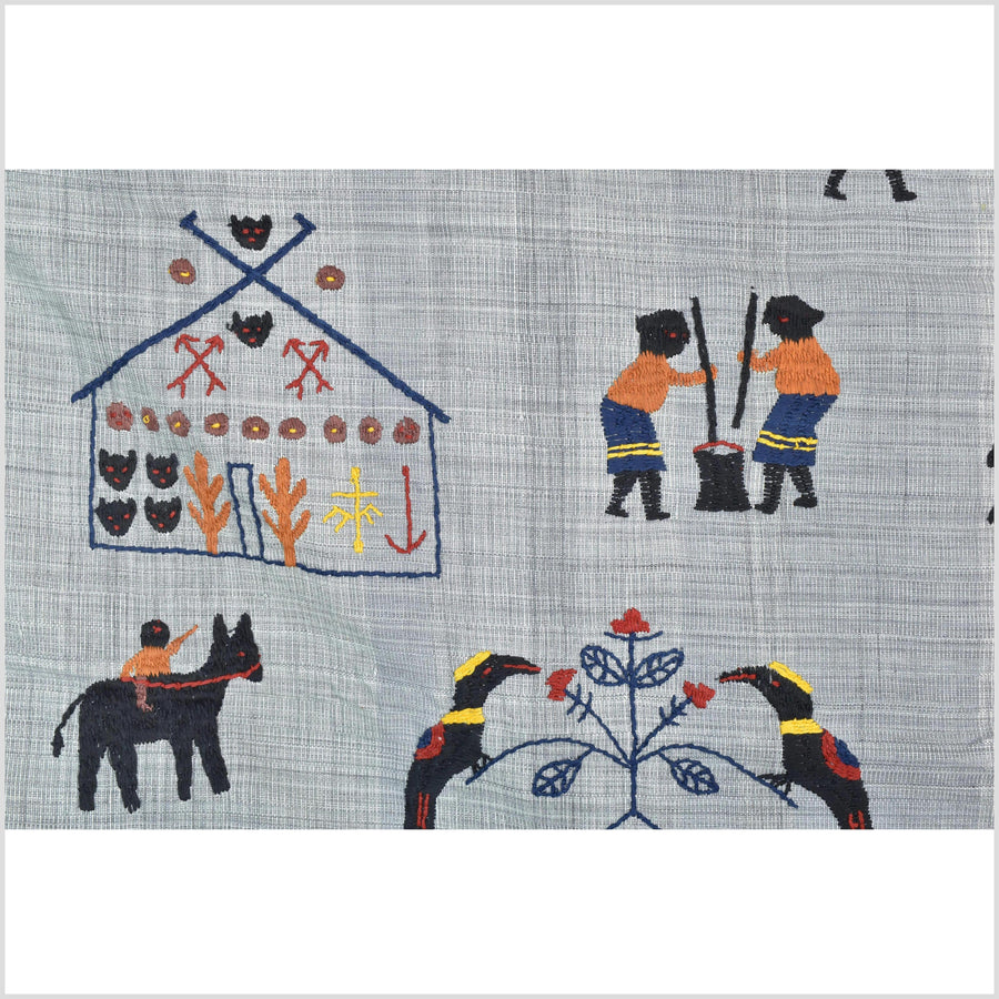 Warm gray cotton story quilt Naga tribal textile ethnic embroidered boho fabric Burma hill tribe tapestry Thai India Hmong II166