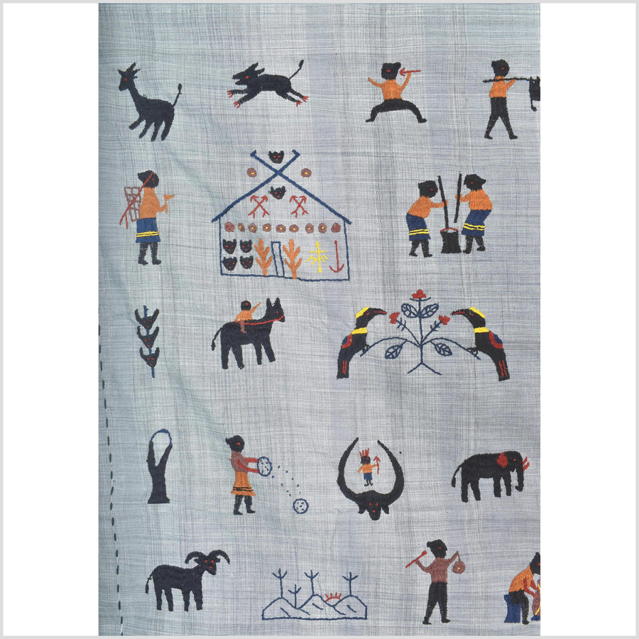 Warm gray cotton story quilt Naga tribal textile ethnic embroidered boho fabric Burma hill tribe tapestry Thai India Hmong II166