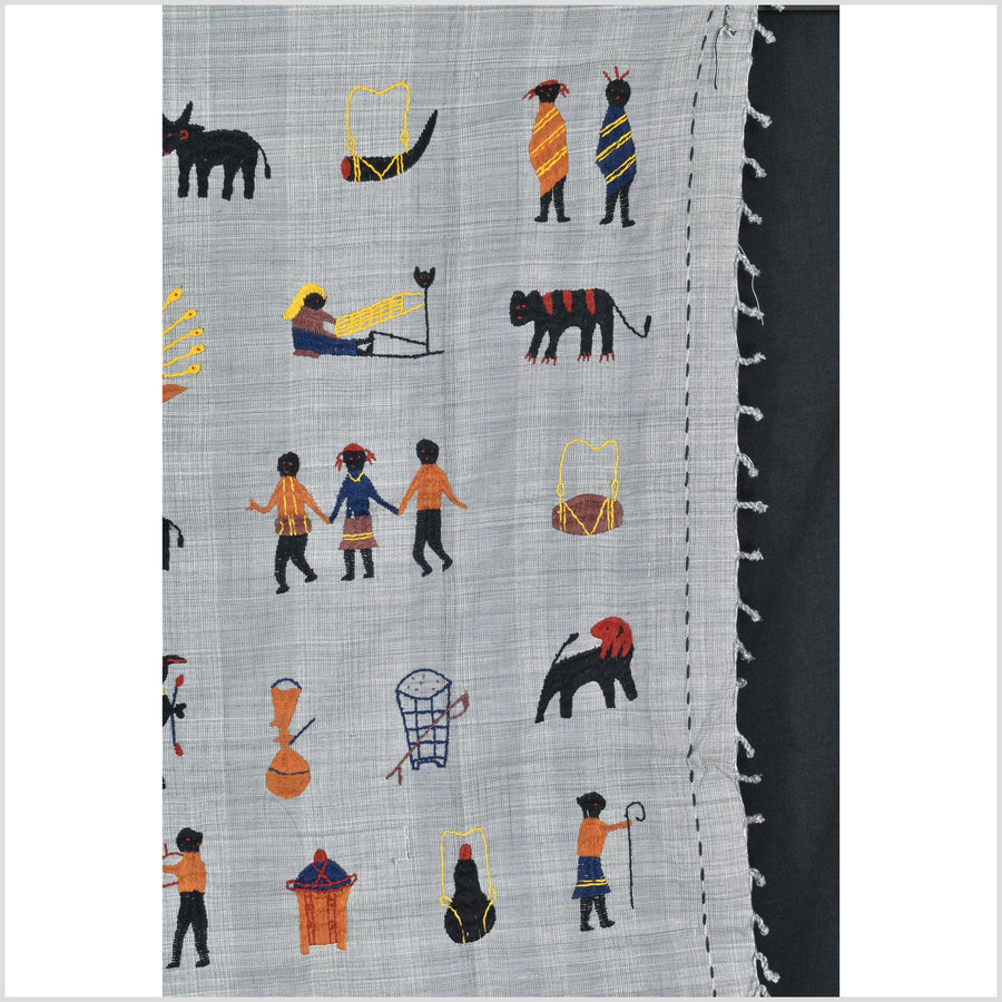 Warm gray cotton story quilt Naga tribal textile ethnic embroidered boho fabric Burma hill tribe tapestry Thai India Hmong II166