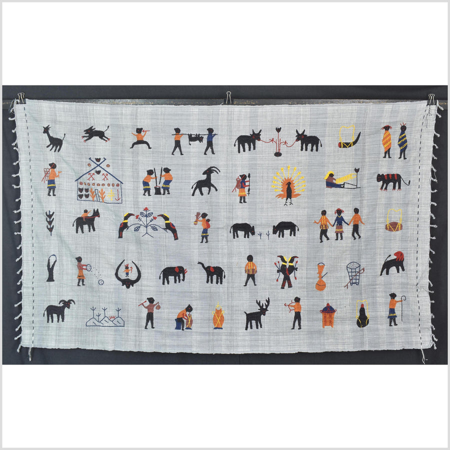 Warm gray cotton story quilt Naga tribal textile ethnic embroidered boho fabric Burma hill tribe tapestry Thai India Hmong II166