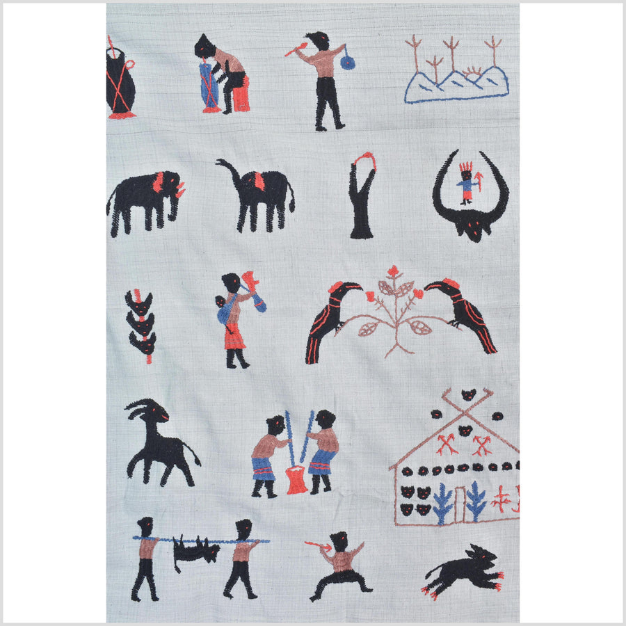 Warm pearl gray cotton story quilt Naga tribal textile ethnic embroidered boho fabric Burma hill tribe tapestry Thai India Hmong II167