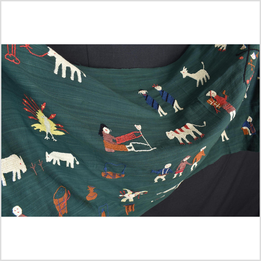 Dark green cotton story quilt Naga tribal textile ethnic embroidered boho fabric Burma hill tribe tapestry Thai India Hmong II168