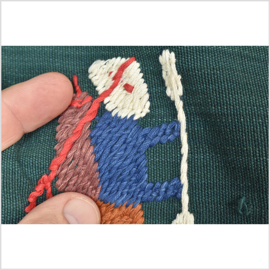 Dark green cotton story quilt Naga tribal textile ethnic embroidered boho fabric Burma hill tribe tapestry Thai India Hmong II168