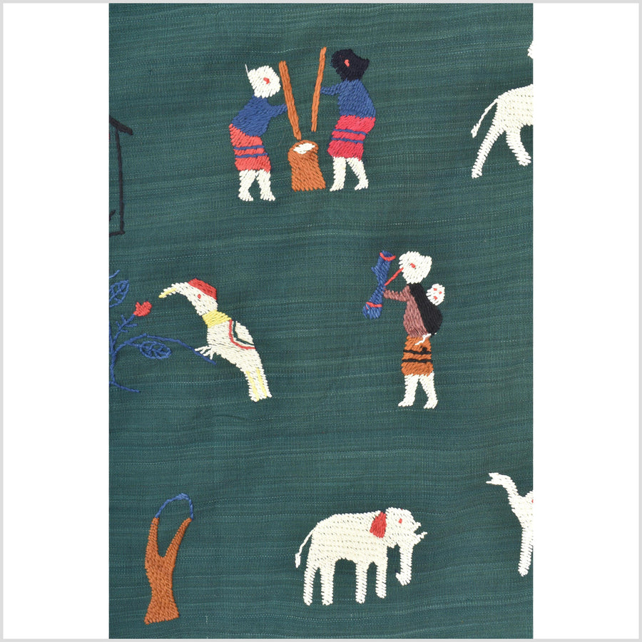 Dark green cotton story quilt Naga tribal textile ethnic embroidered boho fabric Burma hill tribe tapestry Thai India Hmong II168