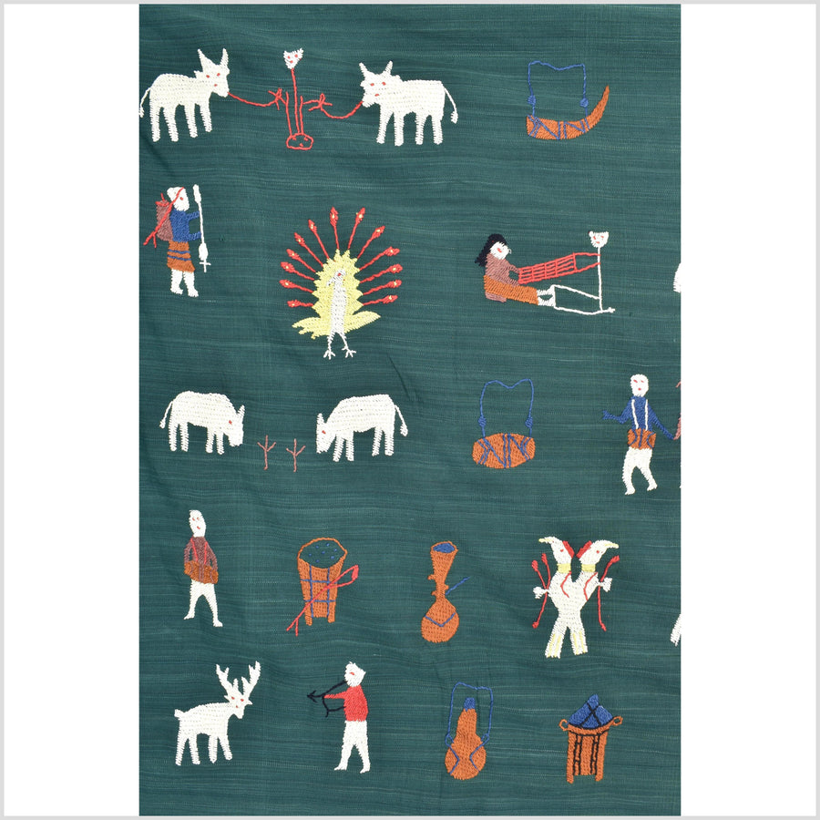 Dark green cotton story quilt Naga tribal textile ethnic embroidered boho fabric Burma hill tribe tapestry Thai India Hmong II168