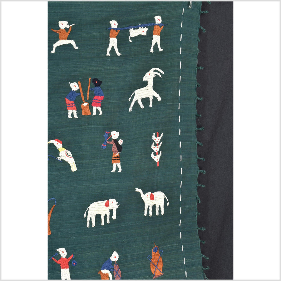 Dark green cotton story quilt Naga tribal textile ethnic embroidered boho fabric Burma hill tribe tapestry Thai India Hmong II168