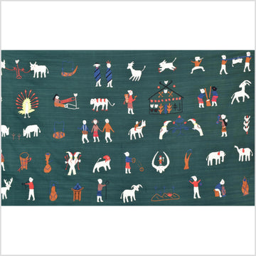 Dark green cotton story quilt Naga tribal textile ethnic embroidered boho fabric Burma hill tribe tapestry Thai India Hmong II168