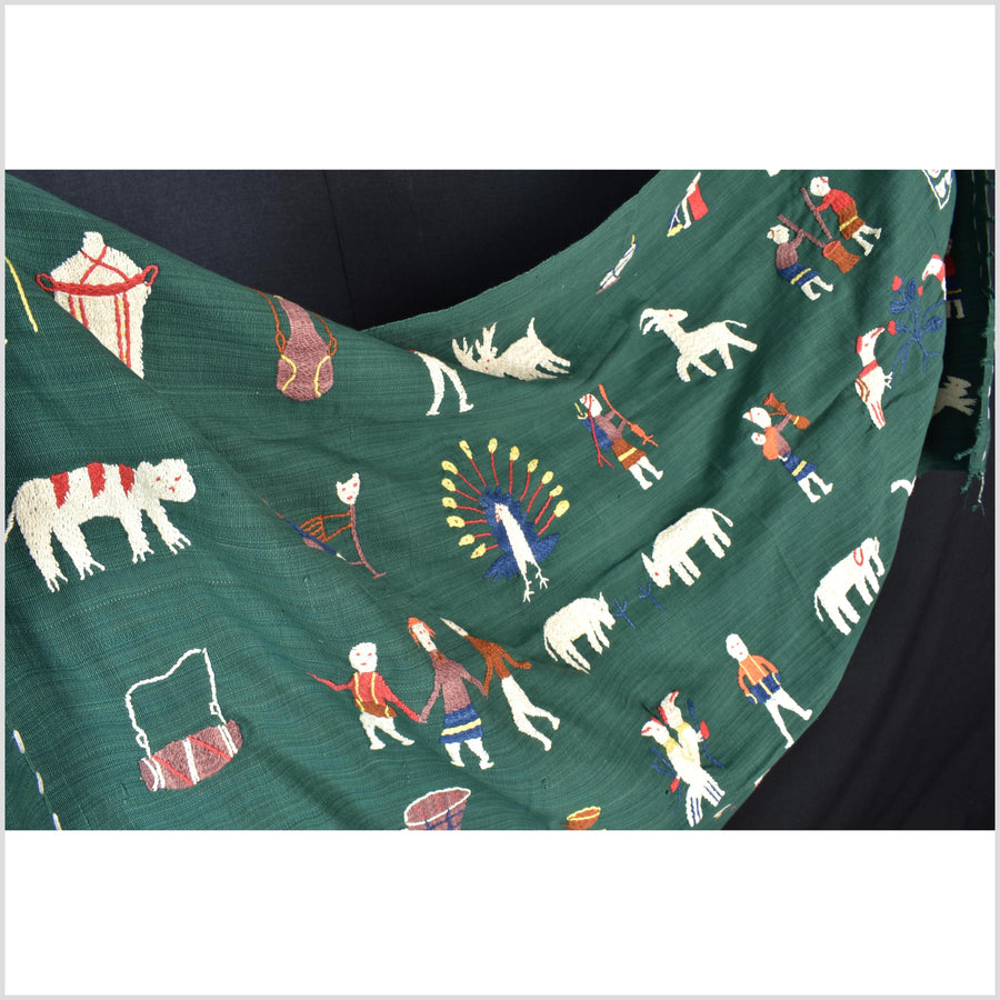 Dark green cotton story quilt Naga tribal textile ethnic embroidered boho fabric Burma hill tribe tapestry Thai India Hmong II169