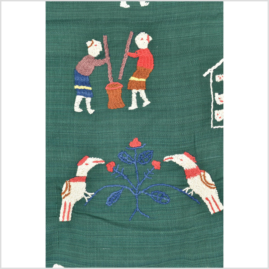 Dark green cotton story quilt Naga tribal textile ethnic embroidered boho fabric Burma hill tribe tapestry Thai India Hmong II169