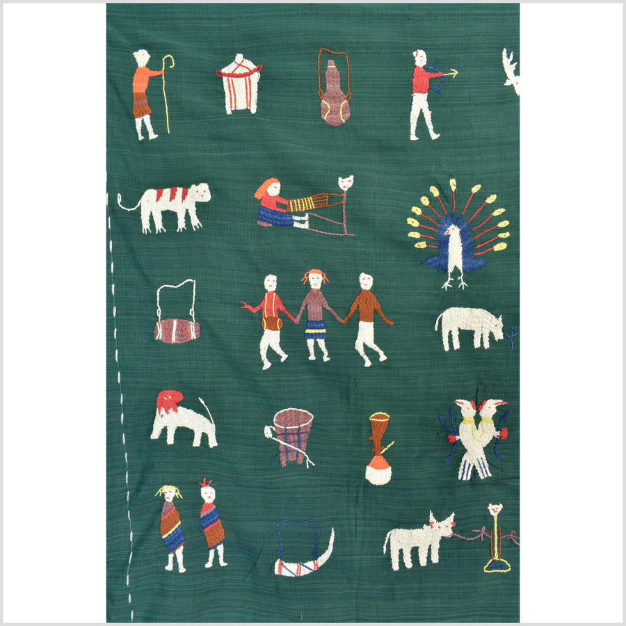 Dark green cotton story quilt Naga tribal textile ethnic embroidered boho fabric Burma hill tribe tapestry Thai India Hmong II169